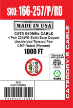 Load image into Gallery viewer, Vertical Cable 166-257/P/RD CAT6, 550 MHz, UTP, 23AWG, 8C Solid Bare Copper, Plenum, 1000ft, Bulk Ethernet Cable - Made in USA, Red