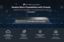 Load image into Gallery viewer, TP-Link TL-SL2428P V4 | 24 Port Fast Ethernet Smart Managed PoE Switch | 24 PoE+ Ports @250W, w/ 4 Gigabit Ports + 2 Combo SFP Slots | Omada SDN Integrated | Limited Lifetime Protection | PoE Recovery