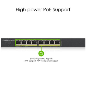 Zyxel 8-Port Gigabit PoE Switch | Smart Managed | Desktop/Wallmount and Fanless | 8 PoE+ Ports with 70 Watt Budget | VLAN, IGMP, QoS [GS1900-8HP]