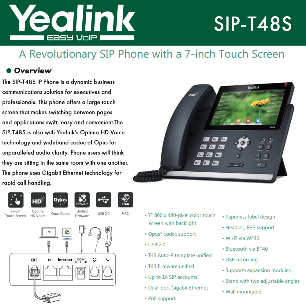 Yealink SIP-T48S Wired handset 16lneas LCD Negro - Telfono IP (LCD, 800 x 480 Pixeles, 17.8 cm (7