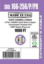 Load image into Gallery viewer, Vertical Cable 166-256/P/PR CAT6, 550 MHz, UTP, 23AWG, 8C Solid Bare Copper, Plenum, 1000ft, Bulk Ethernet Cable - Made in USA, Purple
