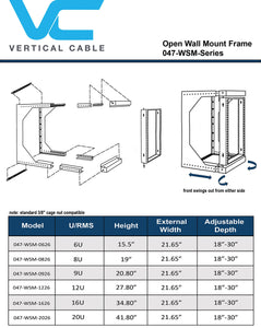 Vertical Cable  20U Open Wall Mount Frame Rack with Hinge - Adjustable Depth 18"-30" 047-WSM-2026