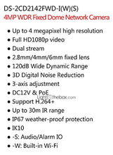 Load image into Gallery viewer, HIKVISION DS-2CD2142FWD-IWS 4MP WDR Fixed Dome IP Camera (IP67 Waterproof IK10 Motion Detection DC12V & PoE Built-in Wi-Fi Audio/Alarm IO 30m IR)-2.8mm