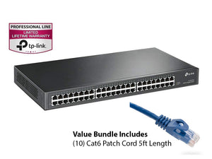 Bonus Bundle with Cat6 5ft Patch Cords and TP-Link 48-Port Gigabit Ethernet Unmanaged Switch | Plug and Play | Metal | Rackmount | Fanless | Limited Lifetime (TL-SG1048)