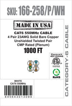Load image into Gallery viewer, Vertical Cable CAT6, 550 MHz, UTP, 23AWG, 8C Solid Bare Copper, Plenum, 1000ft, Bulk Ethernet Cable - Made in USA, White 166-258/P/WH
