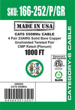 Load image into Gallery viewer, Vertical Cable 166-252/P/GR CAT6, 550 MHz, UTP, 23AWG, 8C Solid Bare Copper, Plenum, 1000ft, Bulk Ethernet Cable - Made in USA, Green
