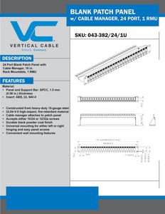 Vertical Cable 24 Port Blank Patch Panel - 1U 043-382/24/1U