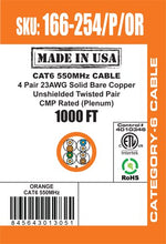 Load image into Gallery viewer, Vertical Cable 166-254/P/OR CAT6, 550 MHz, UTP, 23AWG, 8C Solid Bare Copper, Plenum, 1000ft, Bulk Ethernet Cable - Made in USA, Orange
