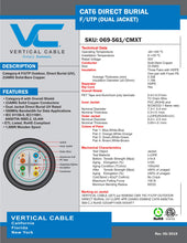 Load image into Gallery viewer, Vertical Cable Cat6, Shielded, Dual Jacket, Direct Burial, 1000ft, Black, Bulk Ethernet Cable
