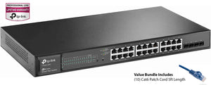 Bonus Bundle with Cat6 5ft Patch Cords and TP-Link JetStream T1600G-28PS 24-Port Gigabit PoE+ Smart Managed Pro Switch w/ 4x Fiber up-link Slots, 192W