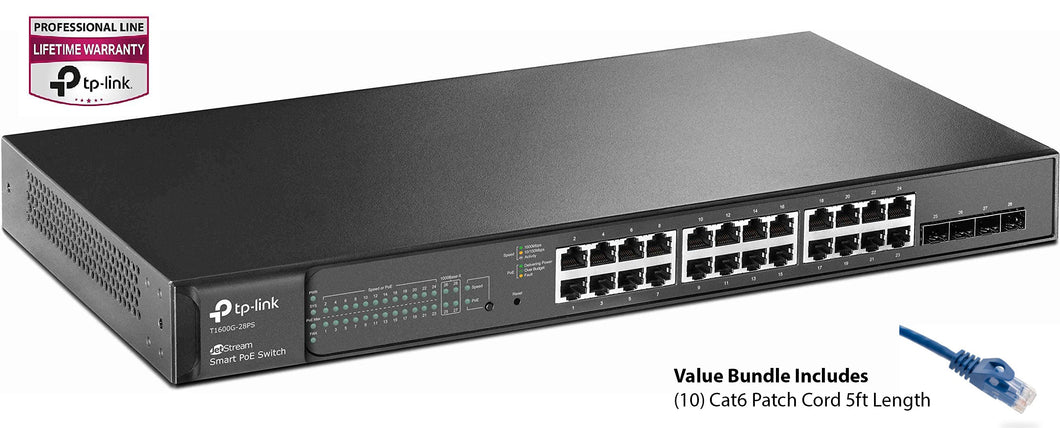Bonus Bundle with Cat6 5ft Patch Cords and TP-Link JetStream T1600G-28PS 24-Port Gigabit PoE+ Smart Managed Pro Switch w/ 4x Fiber up-link Slots, 192W