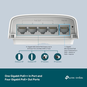 TP-Link Omada SG2005P-PD | 5 Port Outdoor PoE Passthrough Gigabit Ethernet Switch | 1 PoE++ in@90W, 4 PoE+ Out Up to 64W | IP55, Static Routing, Access Control List, QoS, VLAN | PoE Powered ONLY