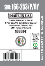 Load image into Gallery viewer, Vertical Cable 166-253/P/GY CAT6, 550 MHz, UTP, 23AWG, 8C Solid Bare Copper, Plenum, 1000ft, Bulk Ethernet Cable - Made in USA, Gray
