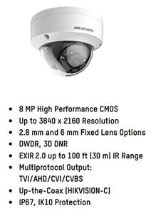 HIKVISION DS-2CE57U1T-VPITF 2.8MM TurboHD 8MP EXIR Outdoor Analog Dome Camera with 2.8 mm Fixed Lens, BNC Connection