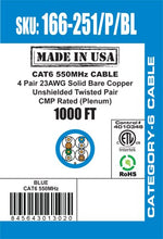 Load image into Gallery viewer, Vertical Cable CAT6, 550 MHz, UTP, 23AWG, 8C Solid Bare Copper, Plenum, 1000ft, Bulk Ethernet Cable - Made in USA, Blue 166-251/P/BL
