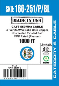 Vertical Cable CAT6, 550 MHz, UTP, 23AWG, 8C Solid Bare Copper, Plenum, 1000ft, Bulk Ethernet Cable - Made in USA, Blue 166-251/P/BL