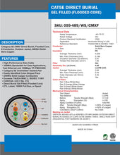Load image into Gallery viewer, Vertical Cable Cat5e, 350 Mhz, UTP, Gel Filled (Flooded Core), Direct Burial, 1000ft, Black, Bulk Ethernet Cable, Wooden Spool
