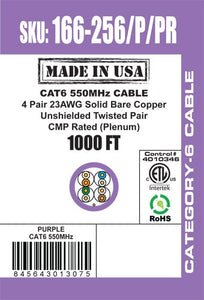 Vertical Cable 166-256/P/PR CAT6, 550 MHz, UTP, 23AWG, 8C Solid Bare Copper, Plenum, 1000ft, Bulk Ethernet Cable - Made in USA, Purple