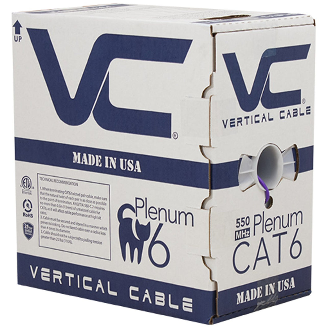 Vertical Cable 166-256/P/PR CAT6, 550 MHz, UTP, 23AWG, 8C Solid Bare Copper, Plenum, 1000ft, Bulk Ethernet Cable - Made in USA, Purple