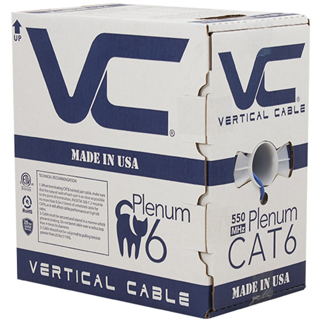 Vertical Cable CAT6, 550 MHz, UTP, 23AWG, 8C Solid Bare Copper, Plenum, 1000ft, Bulk Ethernet Cable - Made in USA, Blue 166-251/P/BL