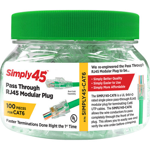 Simply45 Cat 6 UTP Unshielded RJ45 Pass-Through Modular Plug (100-Piece Jar)