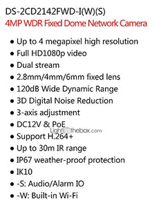 HIKVISION DS-2CD2142FWD-IWS 4MP WDR Fixed Dome IP Camera (IP67 Waterproof IK10 Motion Detection DC12V & PoE Built-in Wi-Fi Audio/Alarm IO 30m IR)-2.8mm