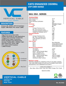 Vertical Cable Cat5e, 350 MHz, UTP, 24AWG, 8C Solid Bare Copper, 1000ft, Black, Bulk Ethernet Cable - 054 Series