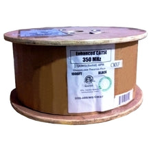 Load image into Gallery viewer, Vertical Cable Cat5e, 350 Mhz, UTP, Gel Filled (Flooded Core), Direct Burial, 1000ft, Black, Bulk Ethernet Cable, Wooden Spool
